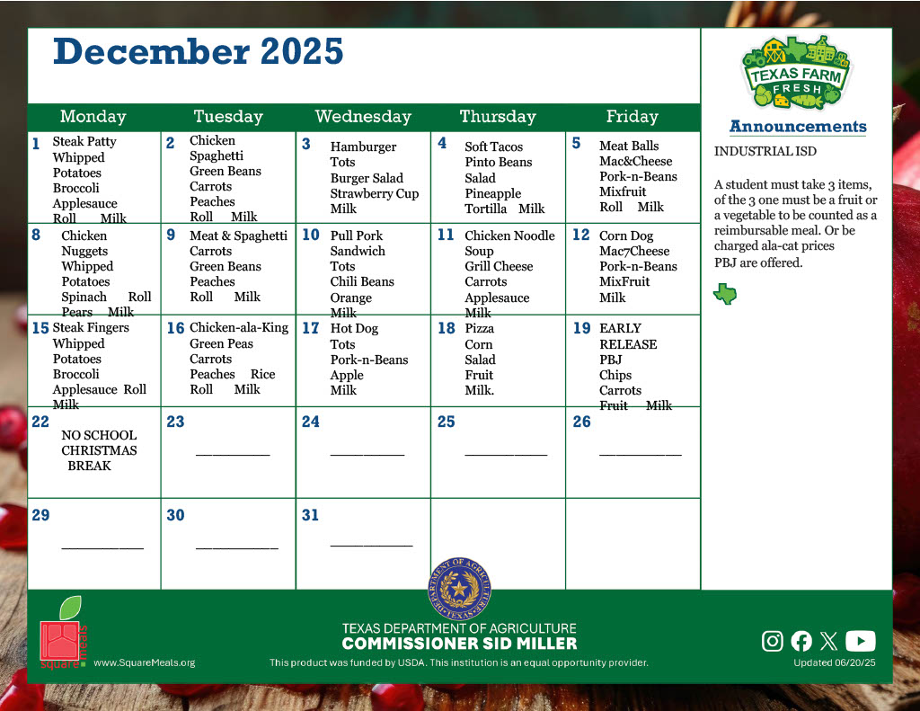 December 2025 Menu